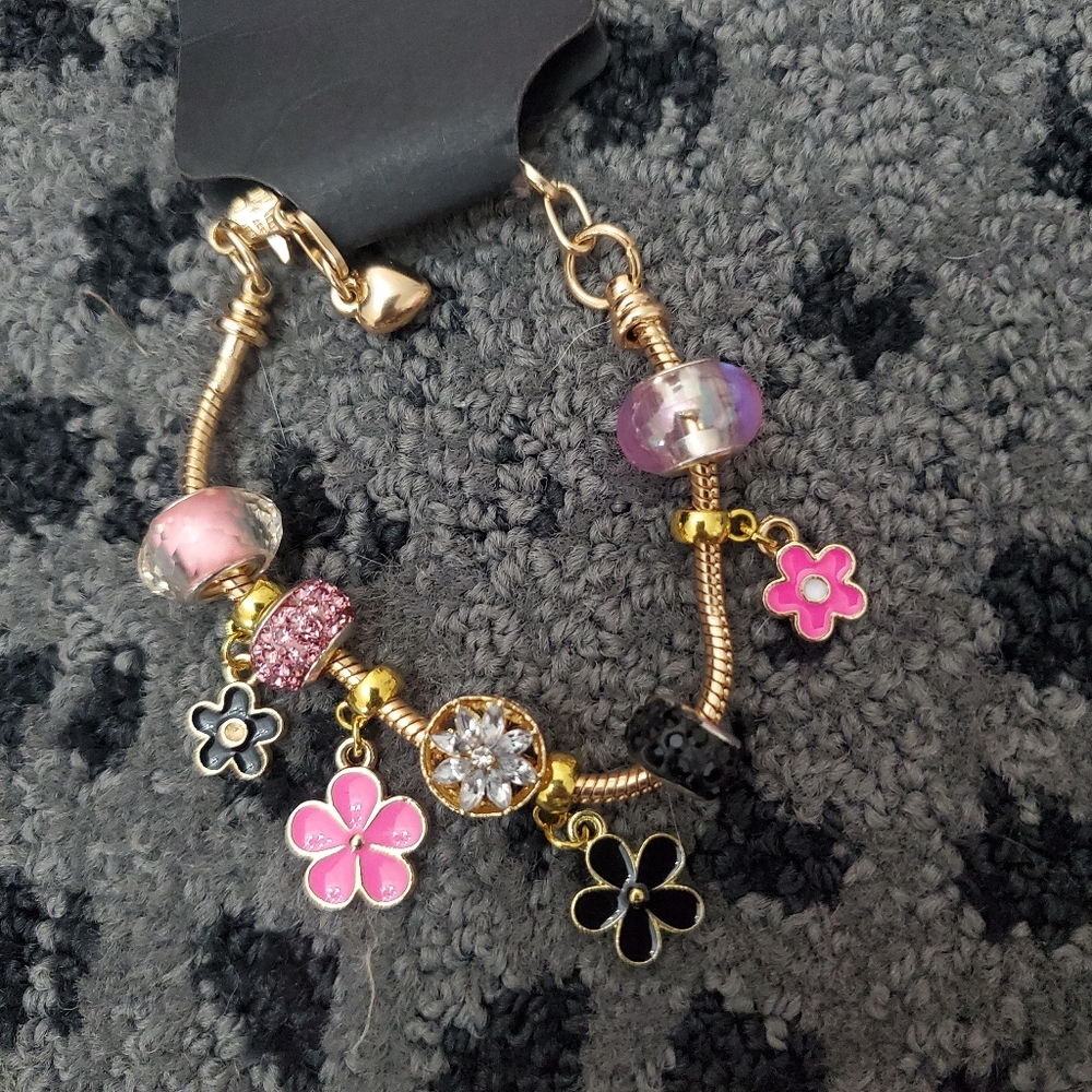 Handmade Gold Pandora Look Alike Charm Bracelet With Pink & Black Flowers